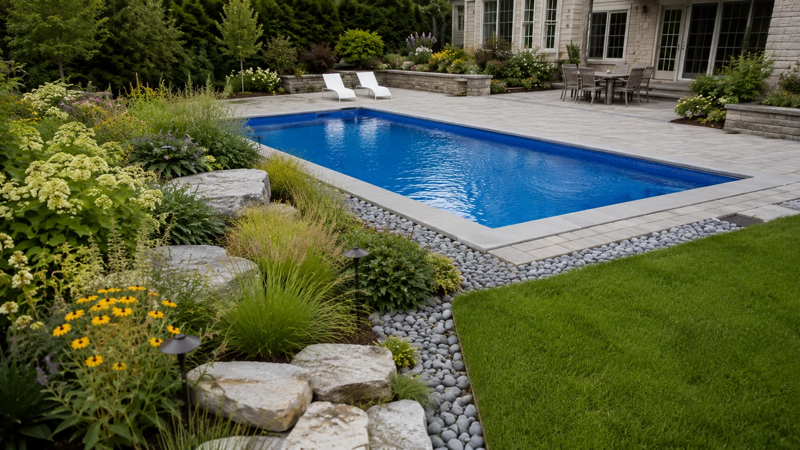 Inground pool integrated with backyard landscaping and patio