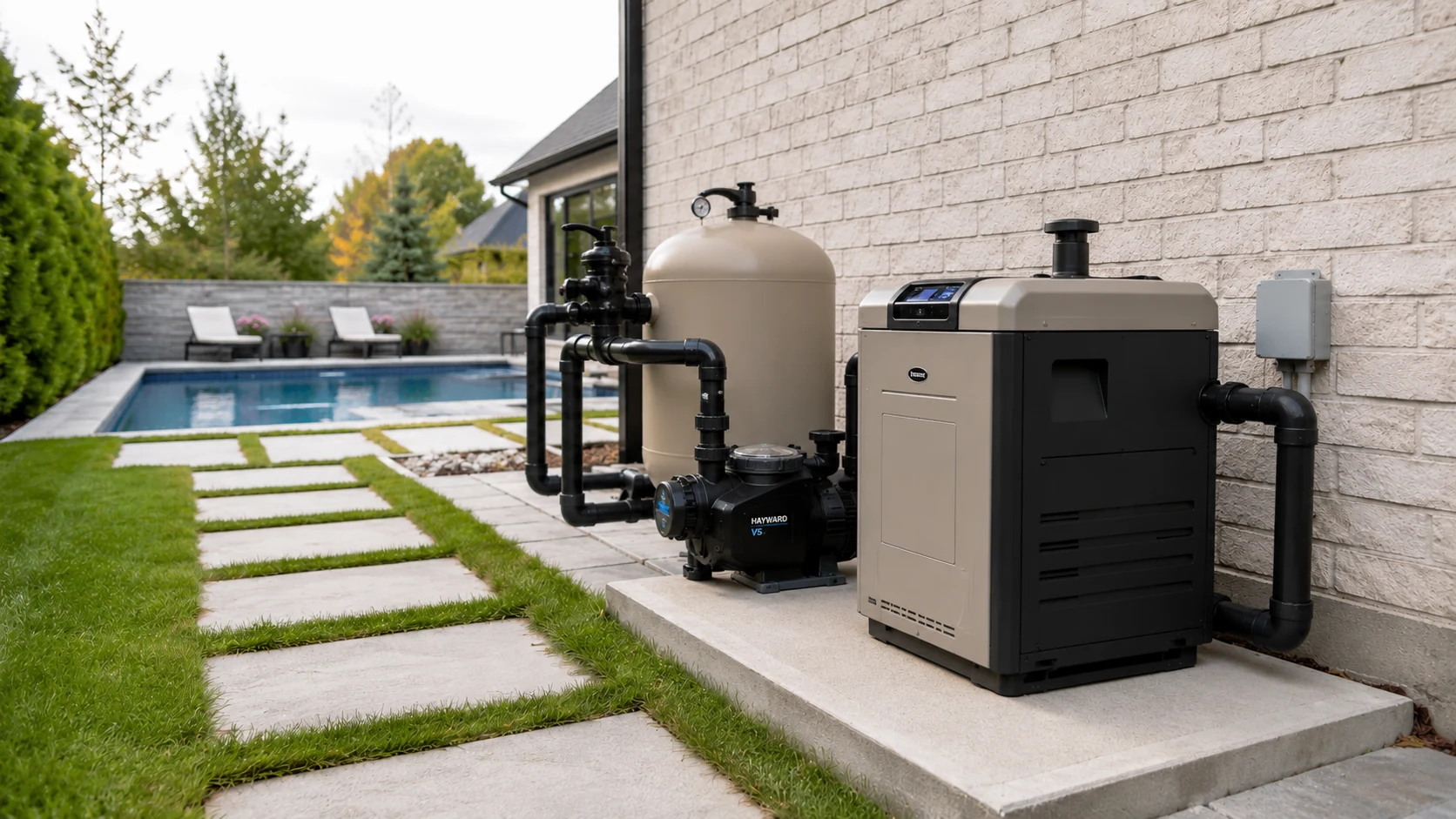 Pool equipment pad with filter, pump and heater